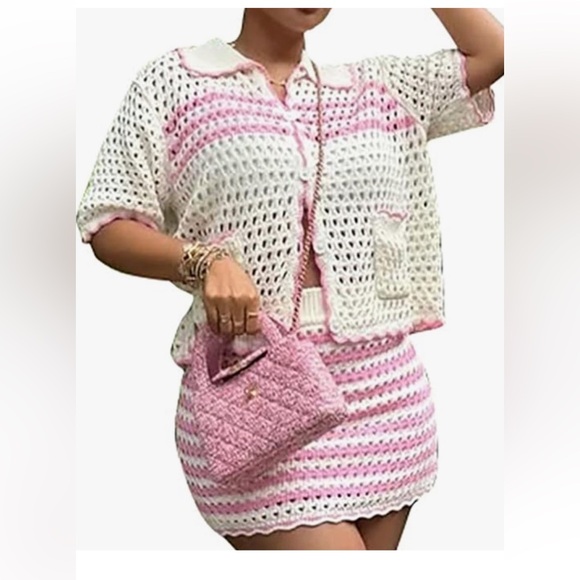 Le Lis Dresses & Skirts - Le lis Pink and White Crochet cardigan skirt set